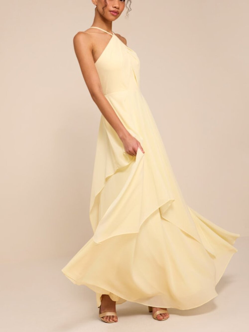 Lulus Aletta Pale Yellow Tiered Halter Maxi Dress - Size S
